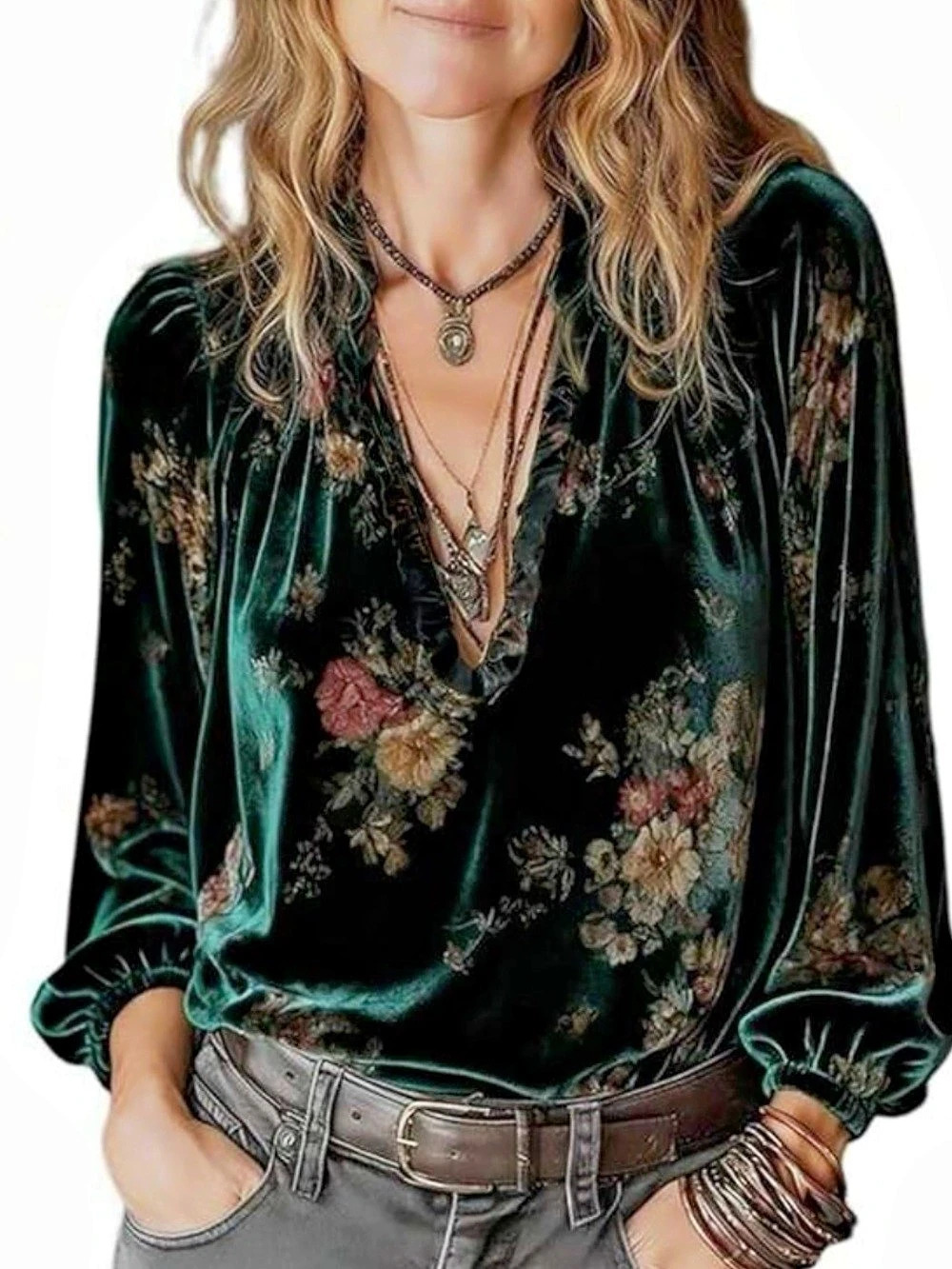 NWT Floral Velvet Blouse (Green & Black)